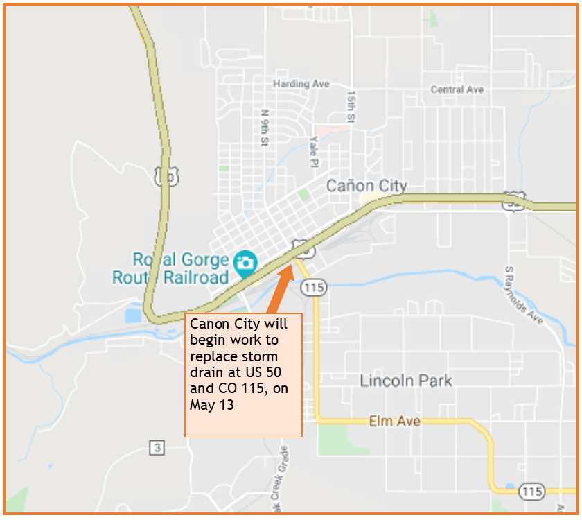 Canon City road work to replace storm drain on US 50 and CO 115 May 2020 detail image