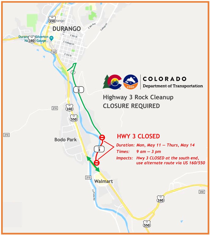 CO 3 Rockfall clean up map in Durango