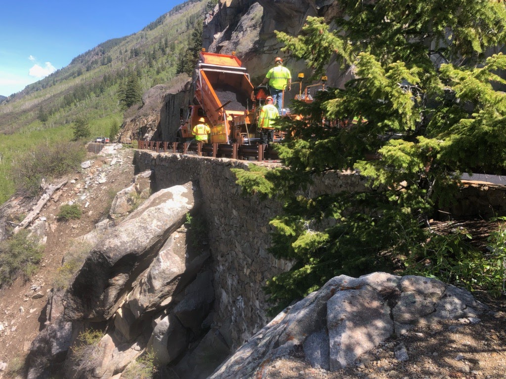 Crews repaving Independence Pass side view of the canyon detail image