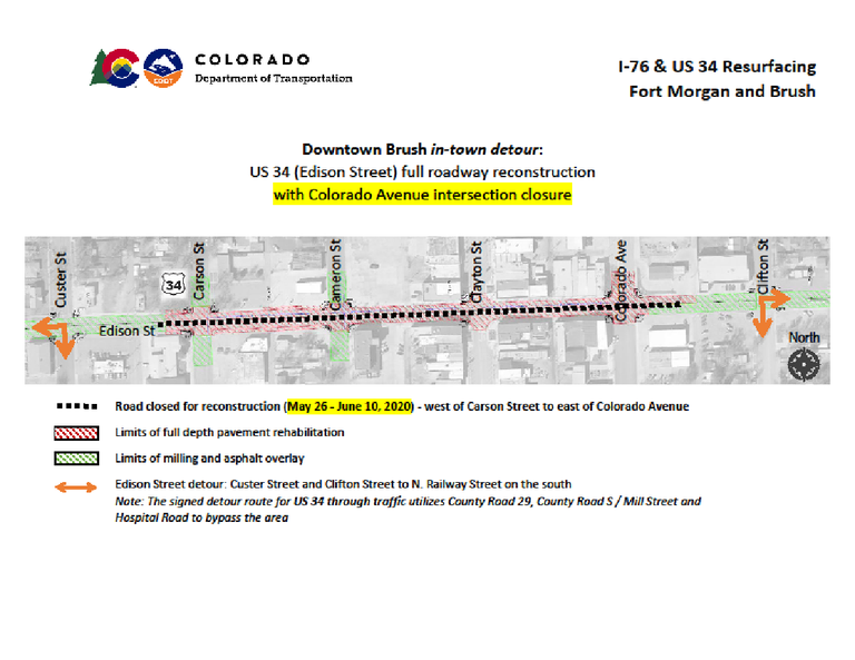 Downtown Brush in-town detour on US 34 for the I-76 & US 34 Resurfacing project in Fort Morgan and Brush