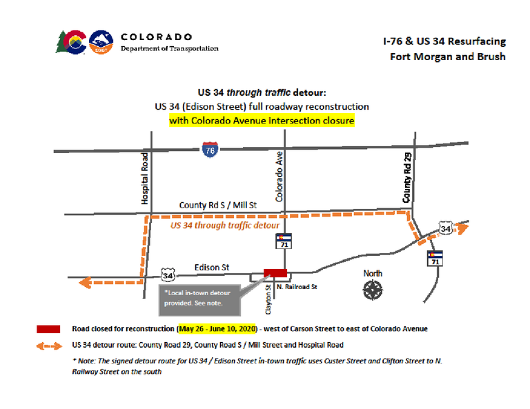 US 34 through traffic detour map at US 34 (Edison Street) for I-76 and US 34 Resurfacing project in Fort Morgan and Brush
