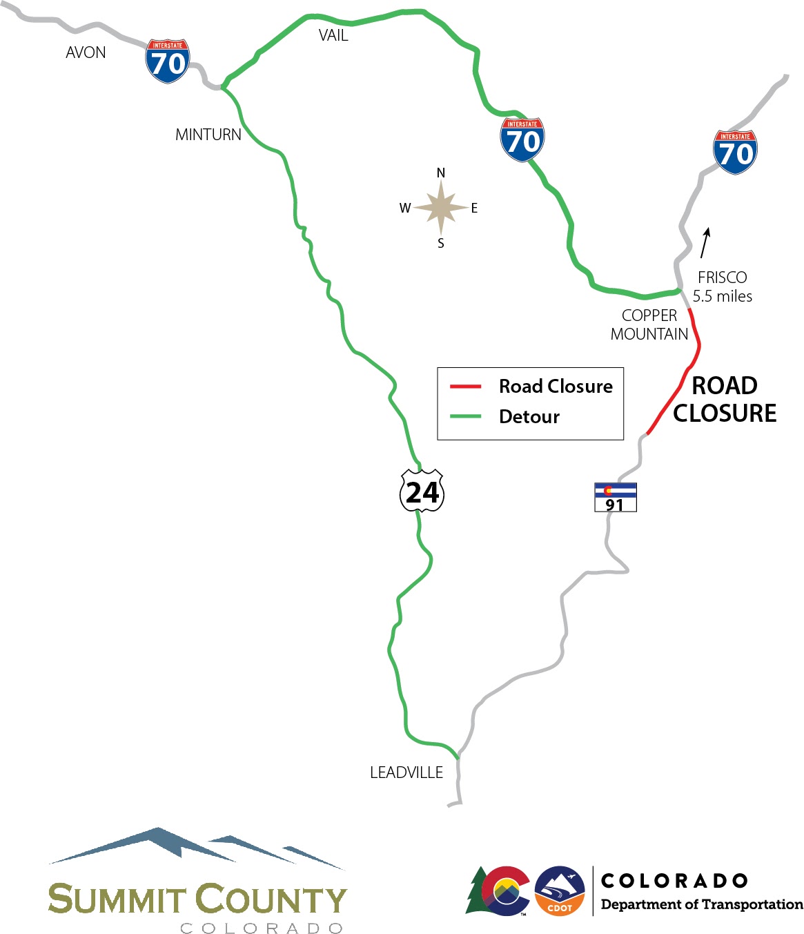 CO 91 road closure detour map on I-70 to Minturn to US 24 detail image