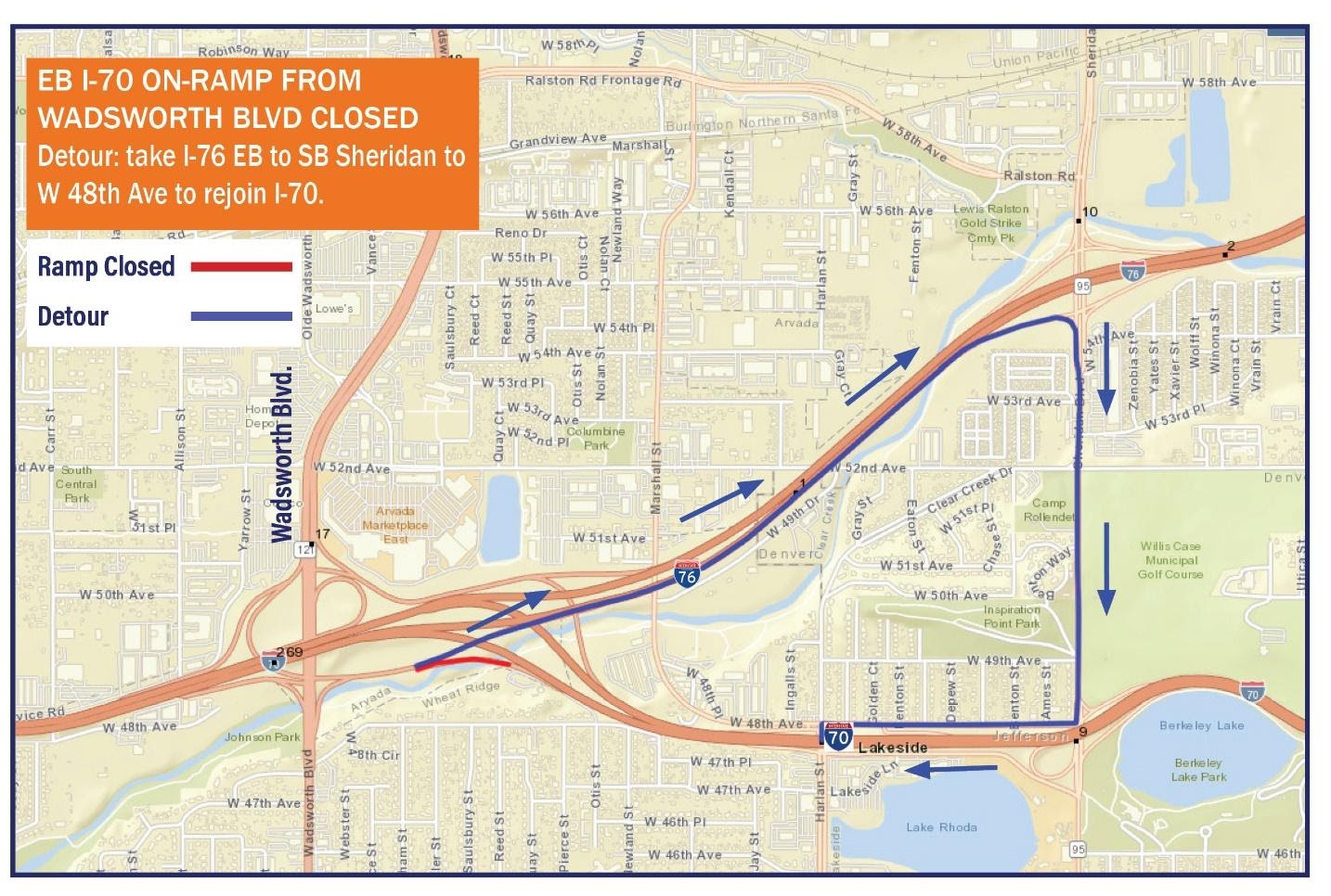 Eastbound I-70 bridge joint replacement on-ramp from Wadsworth Boulevard detour map detail image