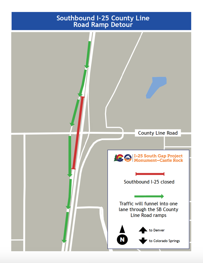 Southbound I-25 County Line Road Ramp detour map - I-25 South Gap Project detail image