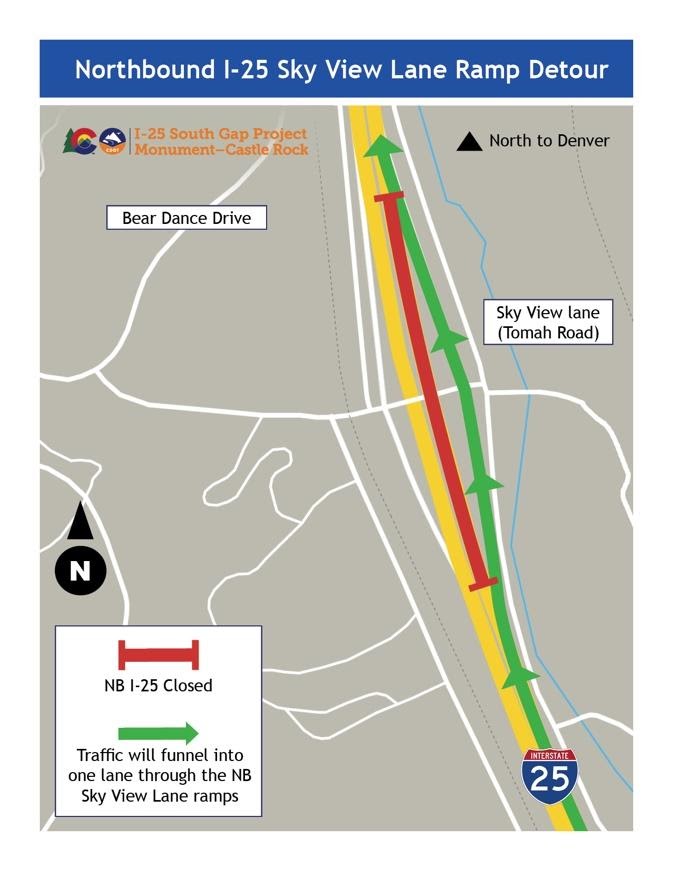Northbound I-25 Sky View Lane Ramp detour map - I-25 South Gap Project detail image