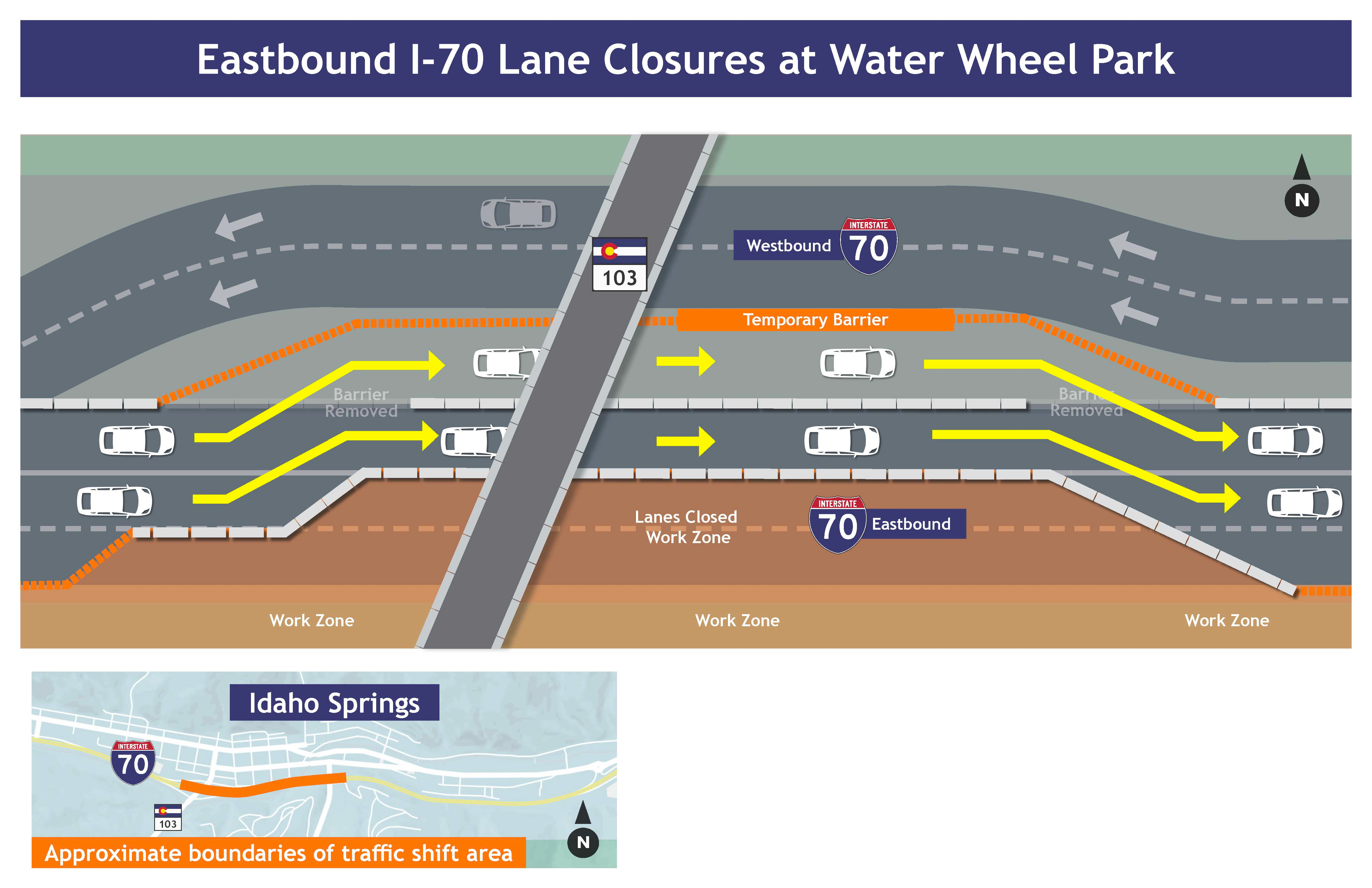 Eastbound I-70 lane closures at Water Wheel Park graphic in Idaho Springs detail image