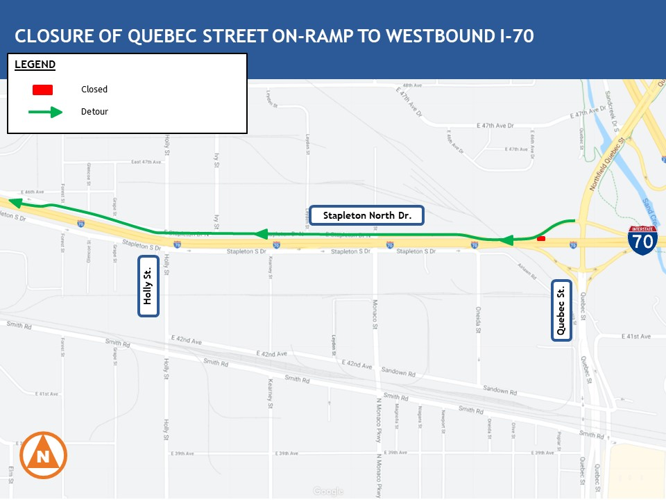Closure of Quebec Street on-ramp to Westbound I-70 detour map on Stapleton North Drive detail image