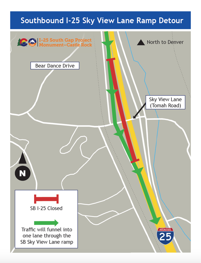 Southbound I25 Sky View Lane Ramp detour map I25 South Gap Project