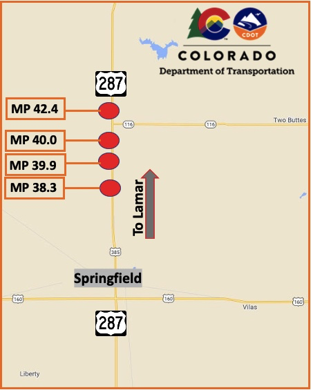 US 287 bridge maintenance project map from Springfield to Lamar detail image