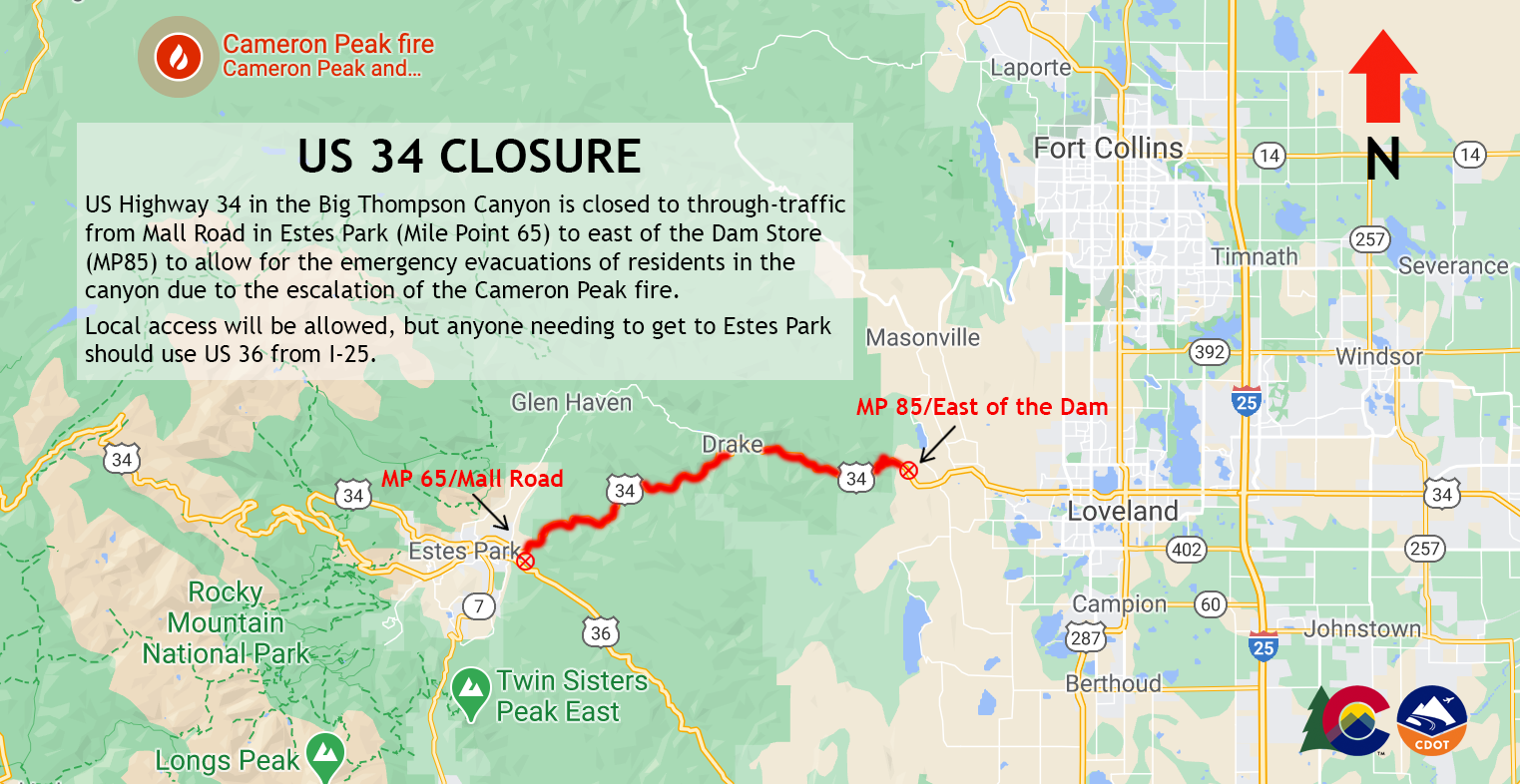 US 34 closure map east of Loveland to Estes Park in Big Thompson Canyon detail image