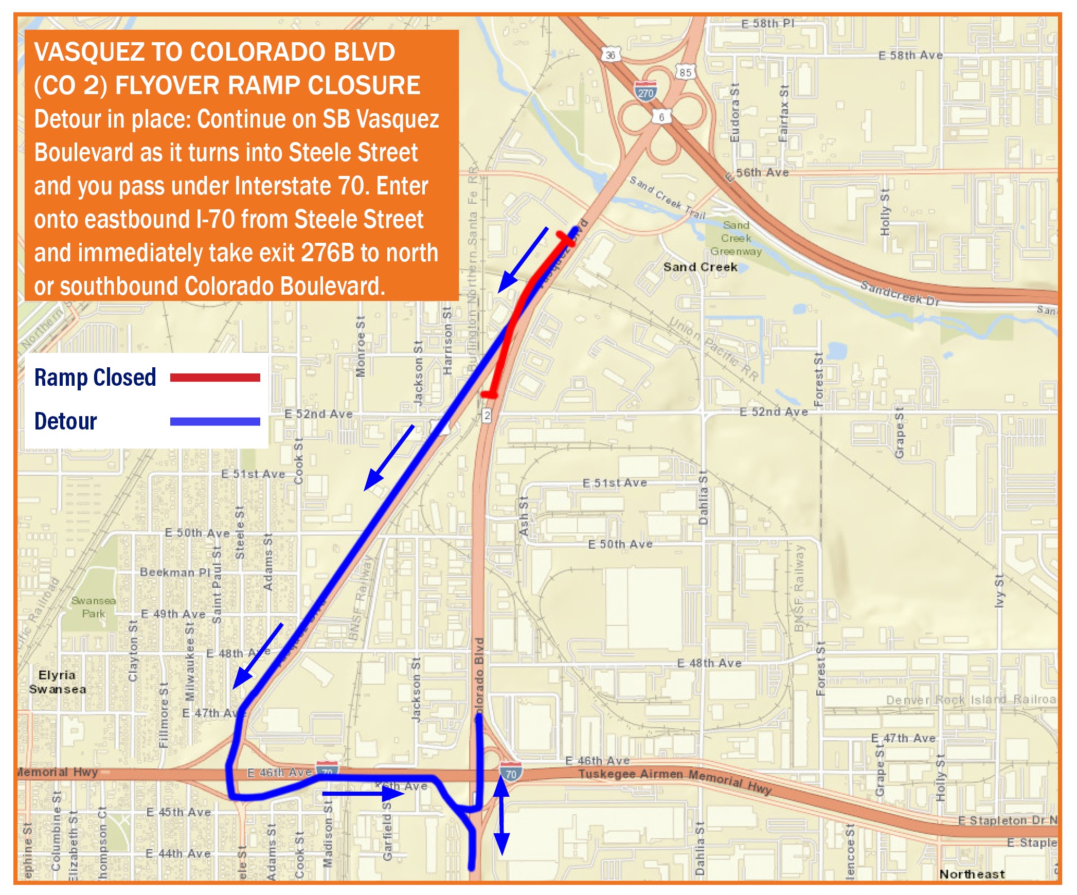 Vasquez to Colorado Boulevard (CO 2) Flyover Ramp Closure project area map detail image