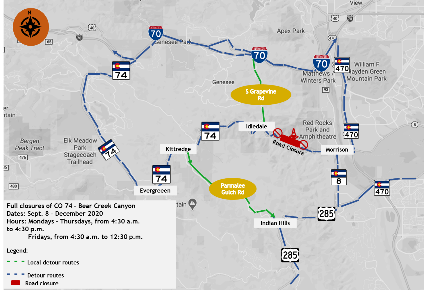 Full closure map area of CO 74 in Bear Creek Canyon from Sept. 8 to December 2020 detail image