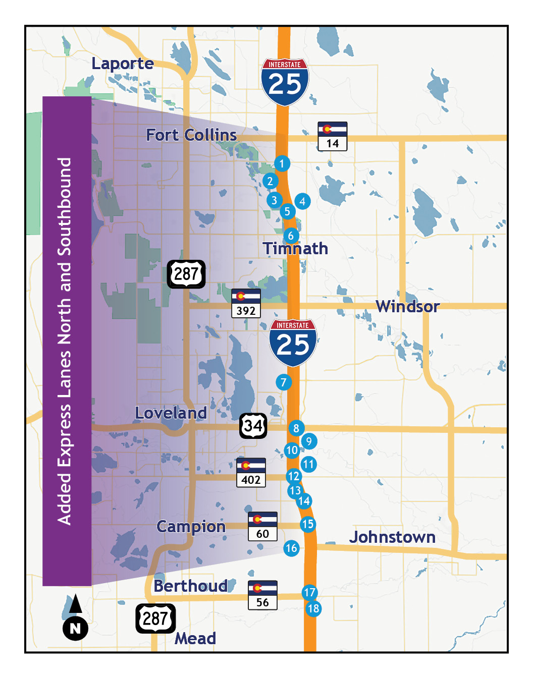 I-25 North added Express Lanes north and south project map detail image