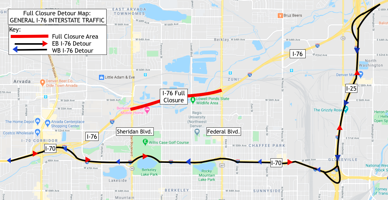 I-76 full closure detour map on I-25 to I-70 detail image
