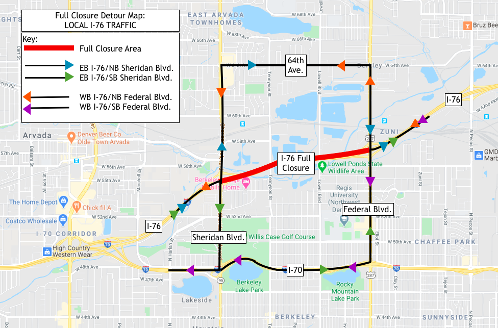 Local I-76 Traffic Map during full closure detour map eastbound and westbound detail image