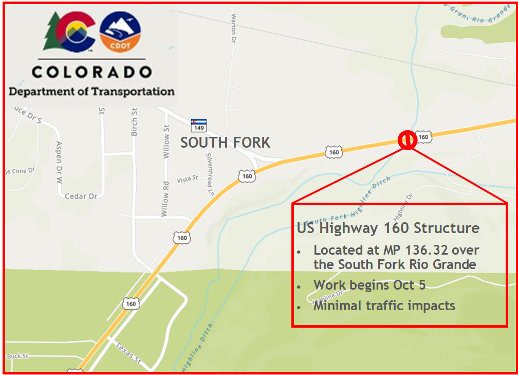 US 160 structure replacement project map in South Fork detail image