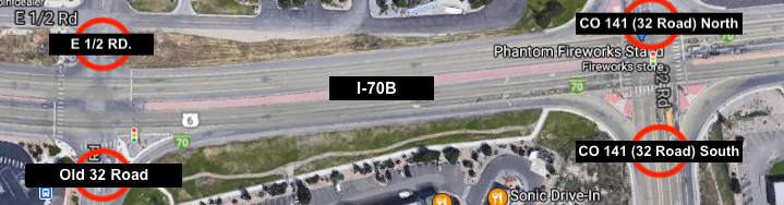 CO 141 (32 Road) at I-70B map area detail image