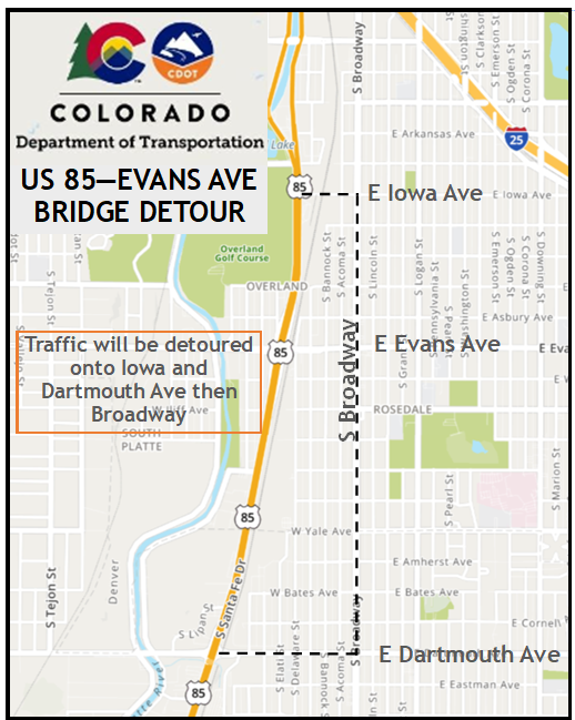 US 85 and Evans Avenue Bridge Detour onto Iowa and Dartmouth Avenue map detail image
