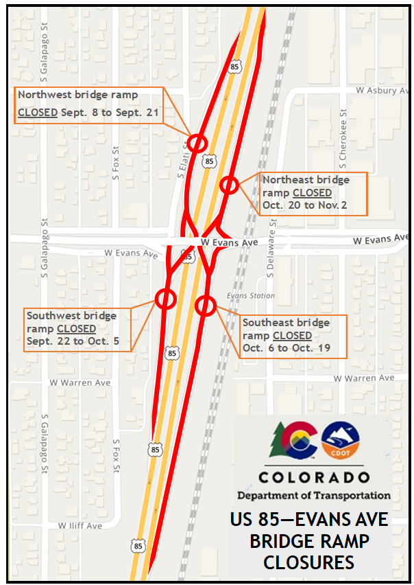 US 85 and Evans Avenue Bridge Ramp closures project map area detail image