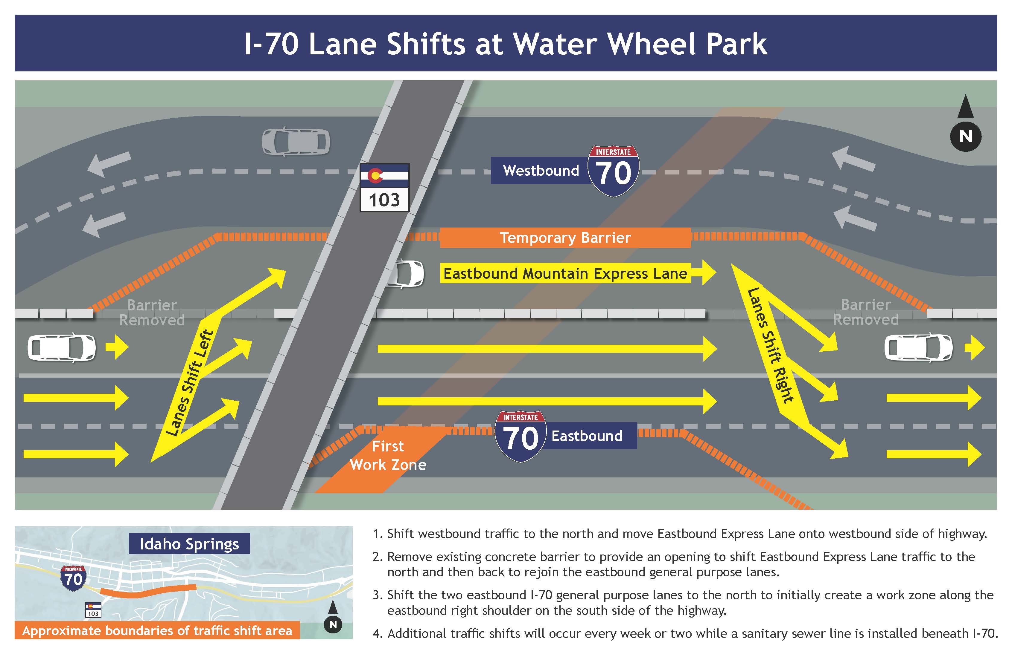 I-70 lane shifts at Water Wheel Park on CO 103 graphic detail image