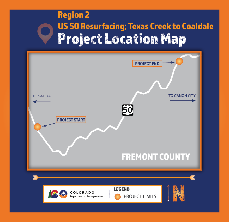 Region 2 US 50 resurfacing project; Texas Creek to Coaldale project location map detail image