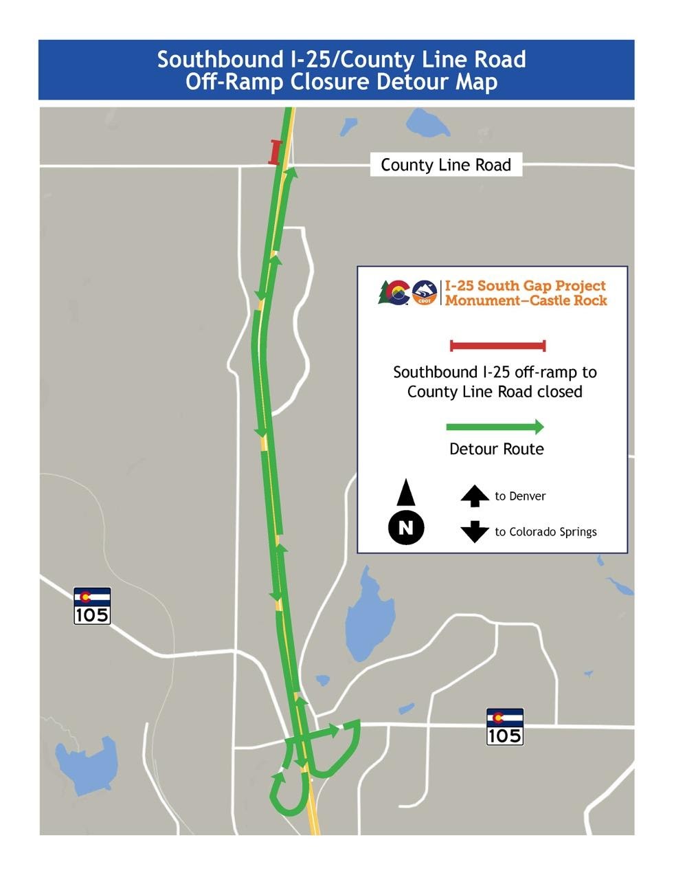 Southbound I-25/County Line Road Off-Ramp Closure Detour Map detail image