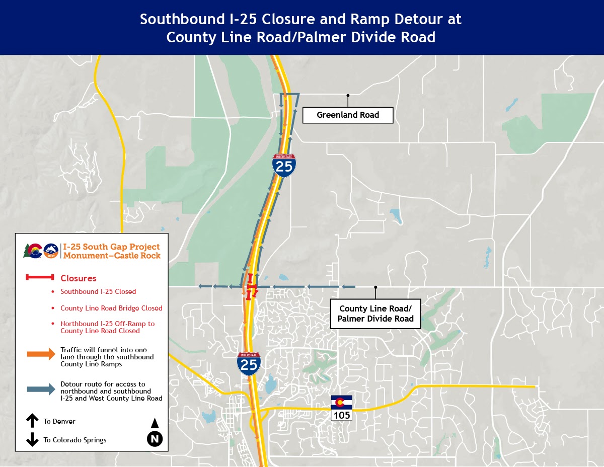 Southbound I-25 Closure and Ramp Detour at County Line Road/Palmer Divide Road detail image