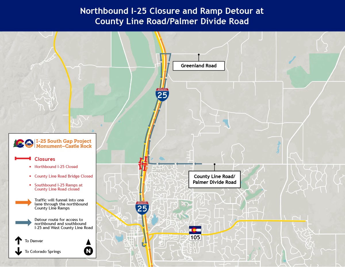 Northbound I-25 Closure and Ramp Detour at County Line Road/Palmer Divide Road detail image