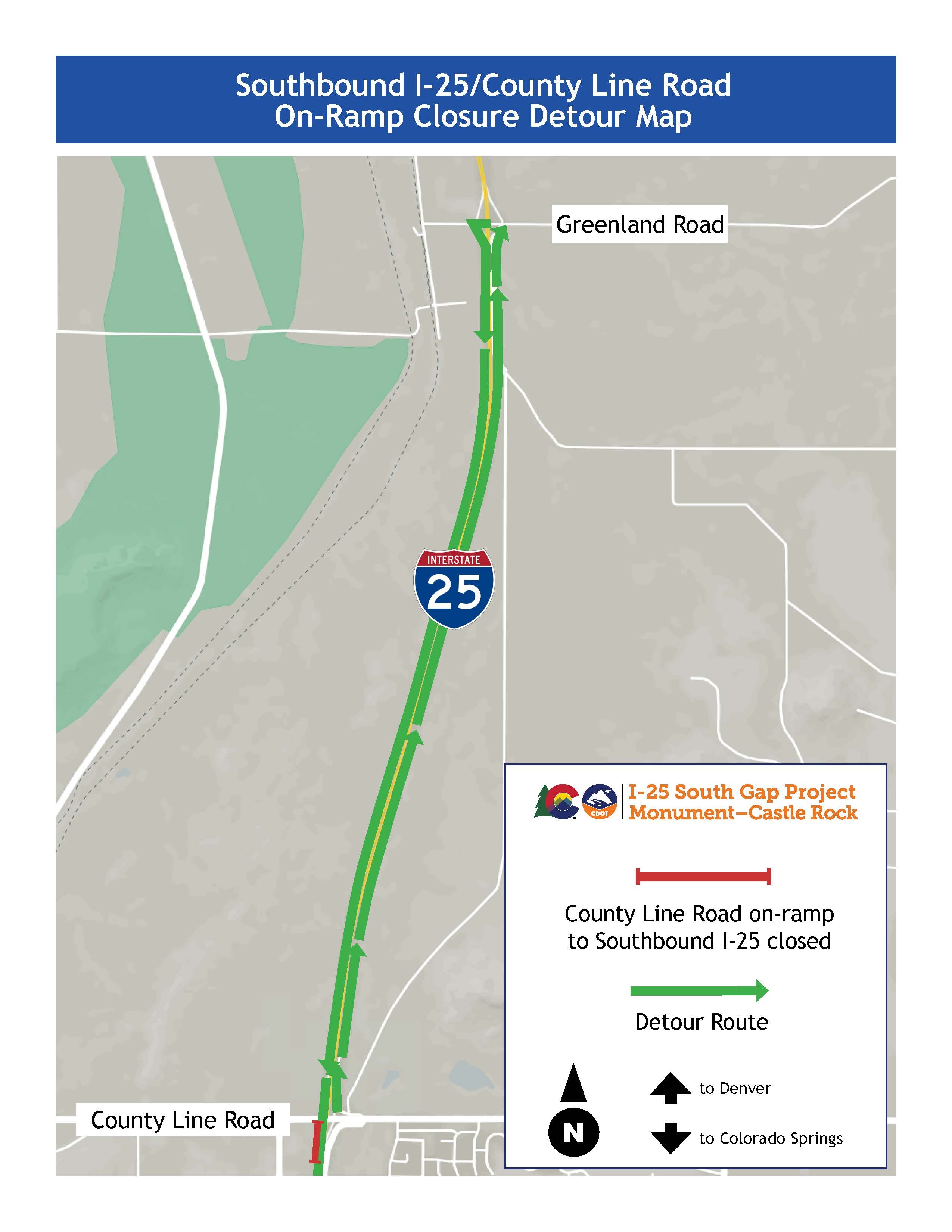 Southbound I-25/County Line Road Off-Ramp Closure Detour Map at Greenland Road detail image