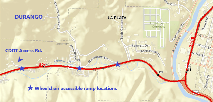 US 160 Durango ADA Ramp Locations wheelchair accessible map locations detail image