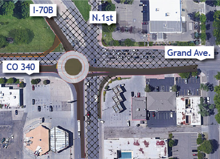 Aerial map view of CO 340 and I-70 B at North 1st and Grand Avenue detail image
