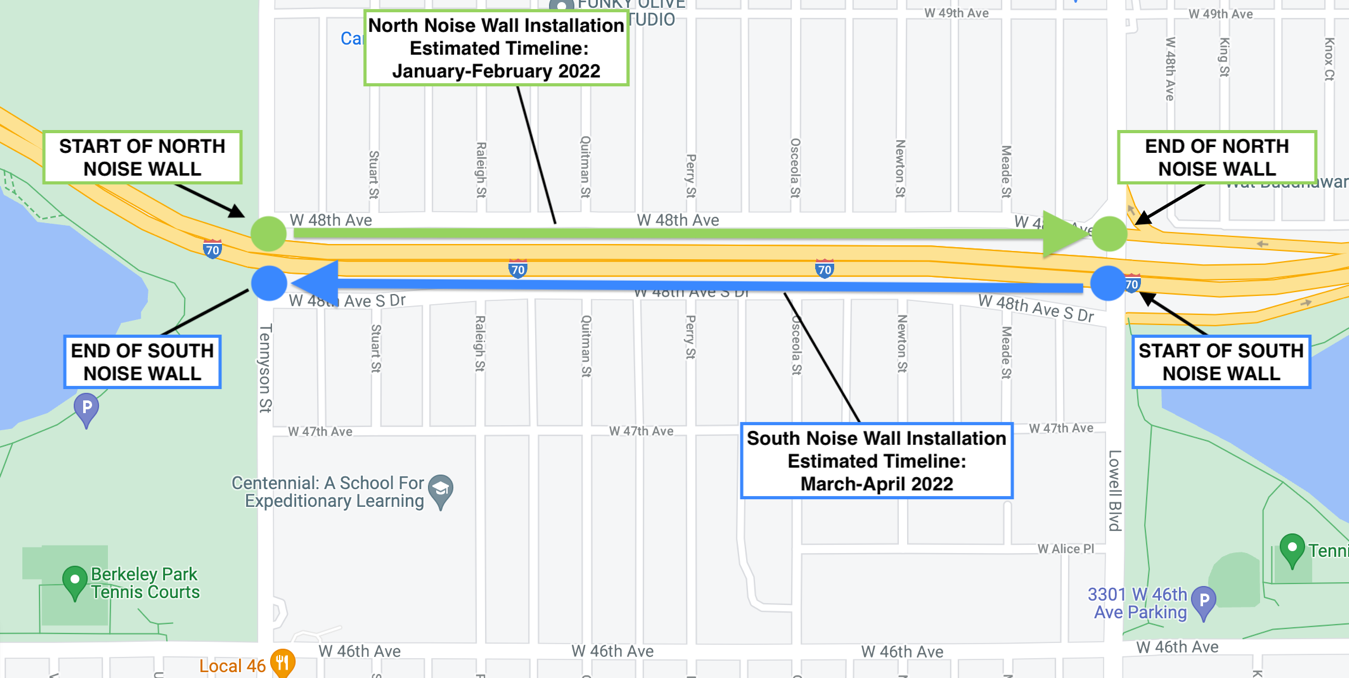 Noise Wall project map area on I-70 from Tennyson Street to Lowell Boulevard in Denver detail image