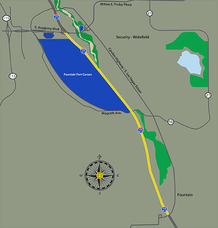 I-25 southbound at Fountain Fort Carson for the Military Access Project Map detail image