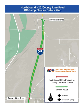 Northbound I-25/County Line Road off-ramp closure detour map detail image