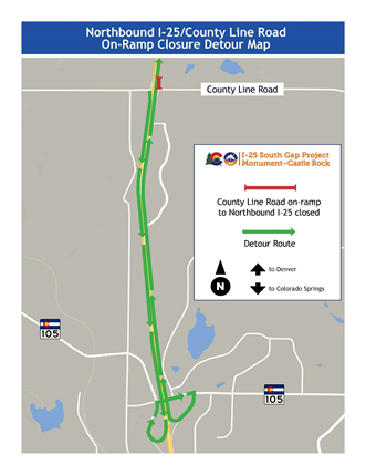 Northbound I-25/County Line Road off-ramp closure detour map near CO 105 detail image