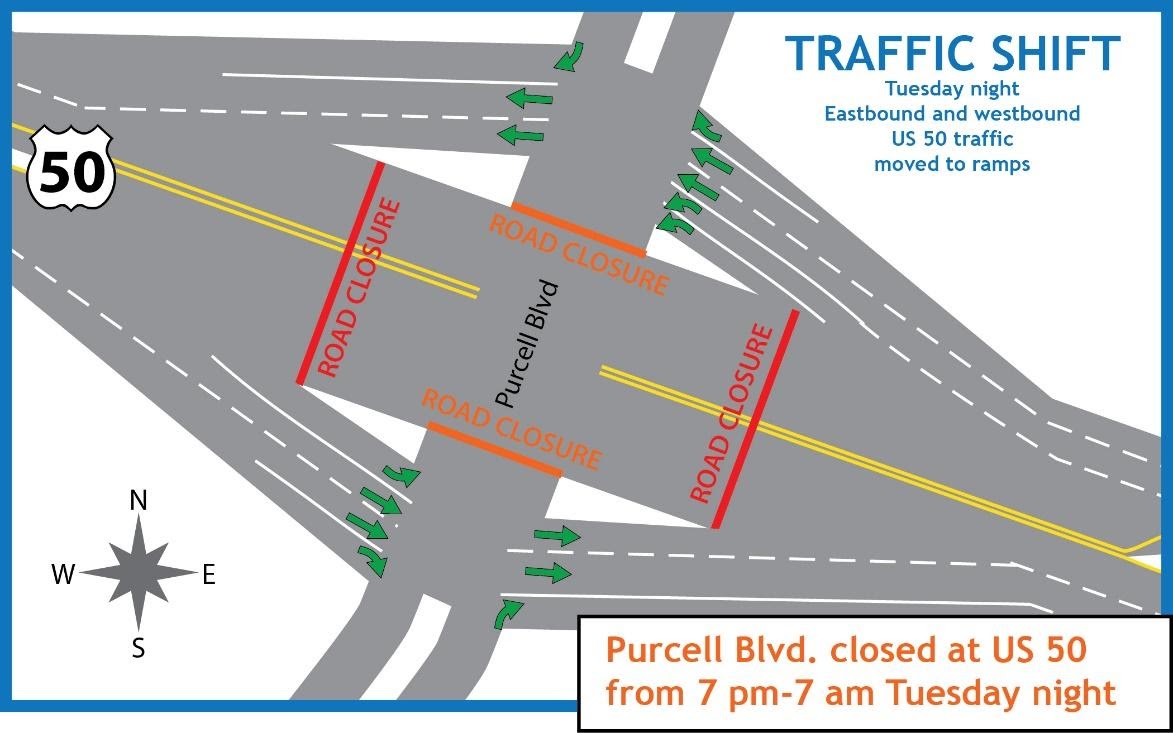 Traffic Shift - Purcell Boulevard closed at US 50 map area detail image