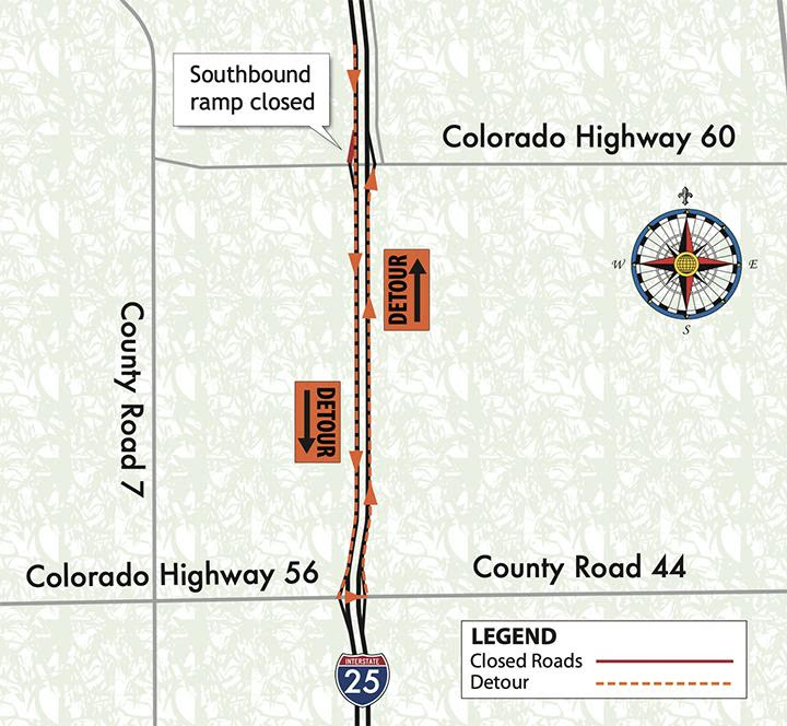 Detour map on I-25 between CO 60 to County Road 44 detail image
