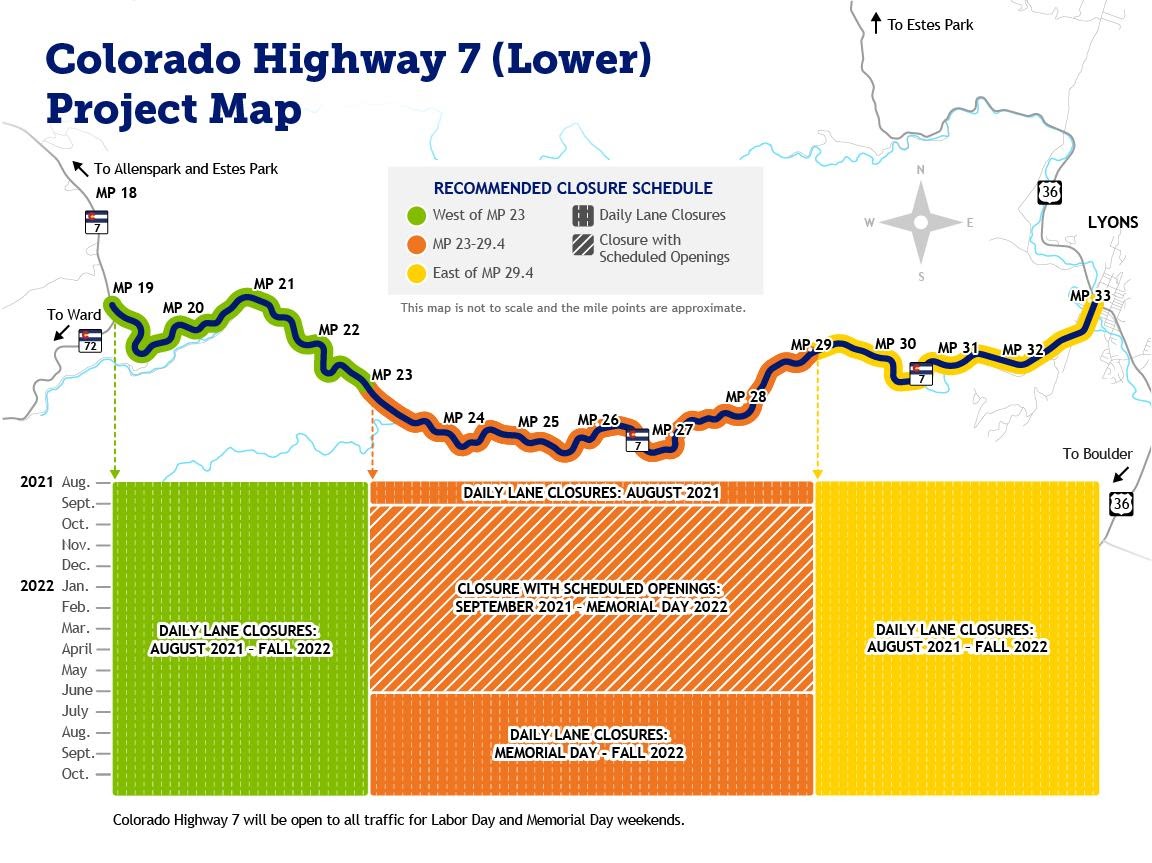 Colorado Highway 7 (Lower) Project Map recommended closure schedule detail image