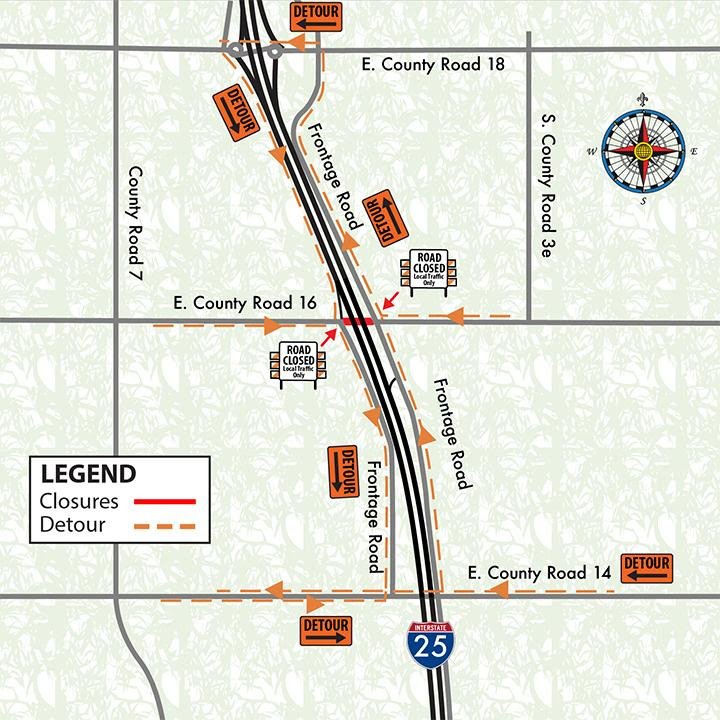 I-25 detour route on the Frontage Road from East County Road 14 to East County Road 18 detail image