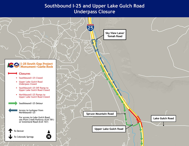 Southbound I-25 and Upper Lake Gulch Road Underpass Closure project map detail image