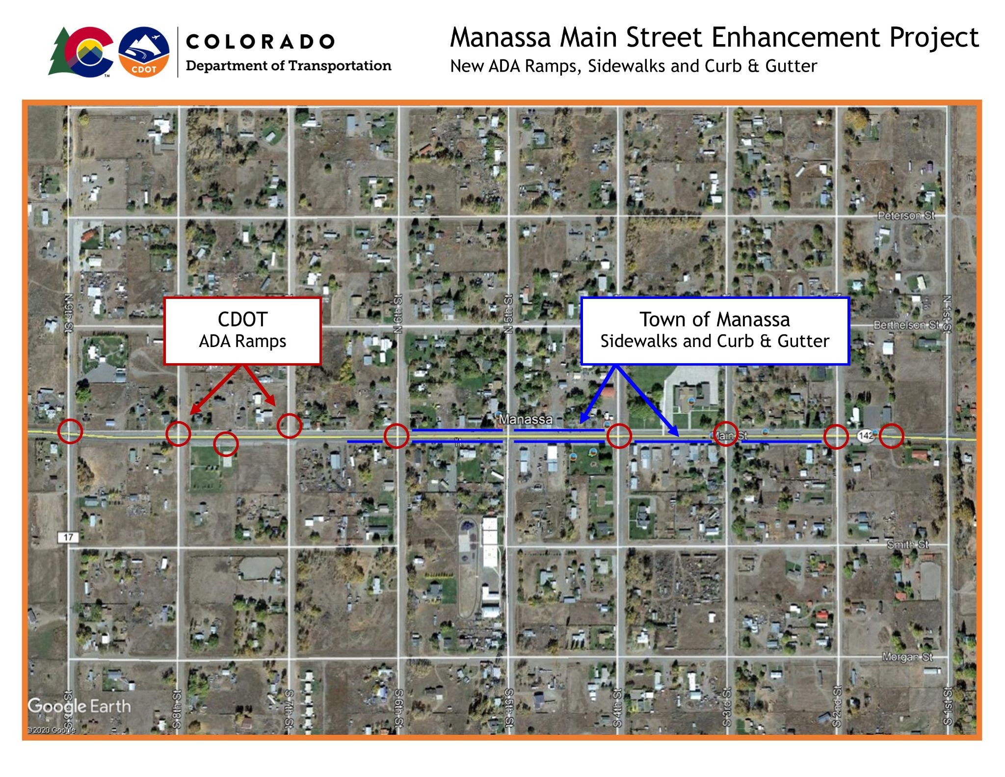 Manassa Main Street Enhancement Project map - New ADA ramps, sidewalks and curbs and gutters detail image