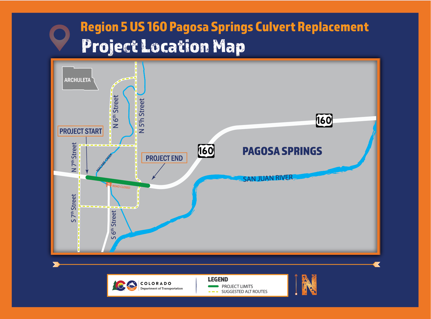 Region 5 US 160 Pagosa Springs Culvert Replacement project location map detail image