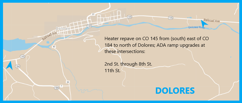 CO 145 Dolores heater repave on CO 145 from eats of CO 184 to north of Dolores map detail image