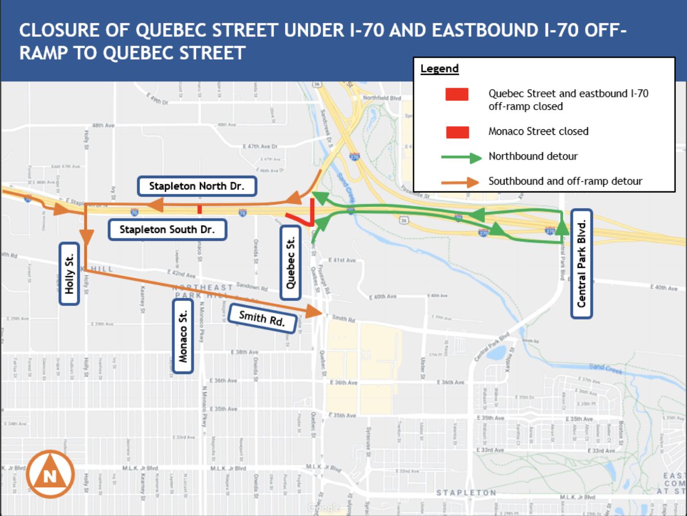 Closure of Quebec Street under I-70 and Eastbound I-70 off-ramp to Quebec Street detail image