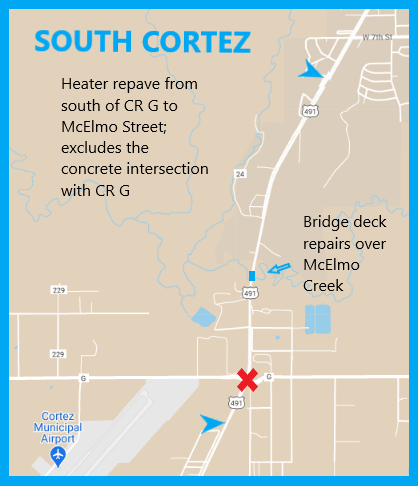 US 160 South Cortez heater repave location from south of CR G to McElmo Street detail image