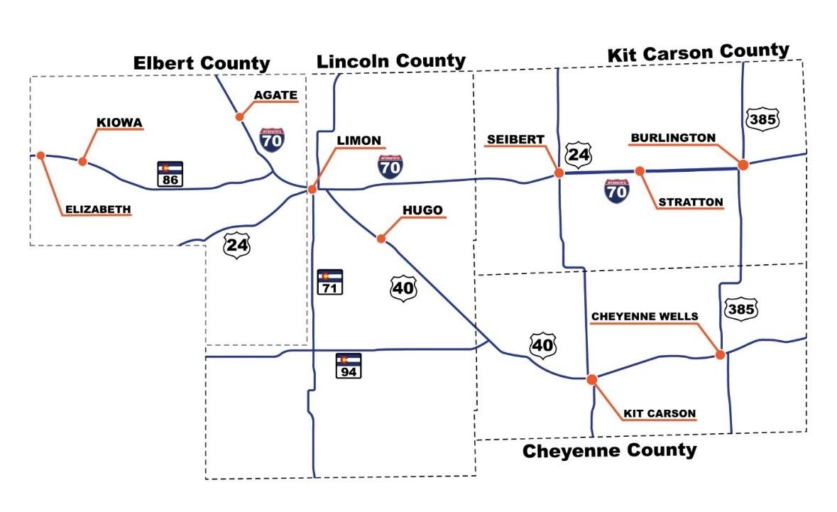 Region 4 map in Elbert, Lincoln, Kit Carson and Cheyenne counties detail image