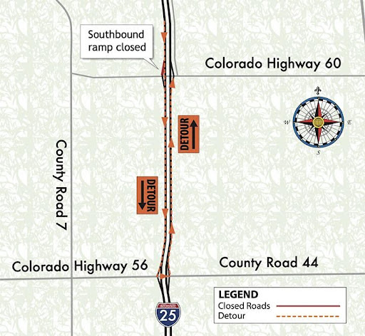 North I-25 Map of southbound ramp closed on CO 60