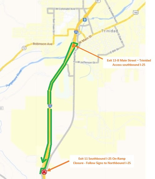 Exit 13-B Main Street in Trinidad to Exit 11 Southbound I-25 on-ramp closure on I-25 detail image