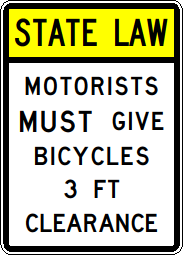 State Law sign - Motorists must give bicycles 3 feet of clearance detail image