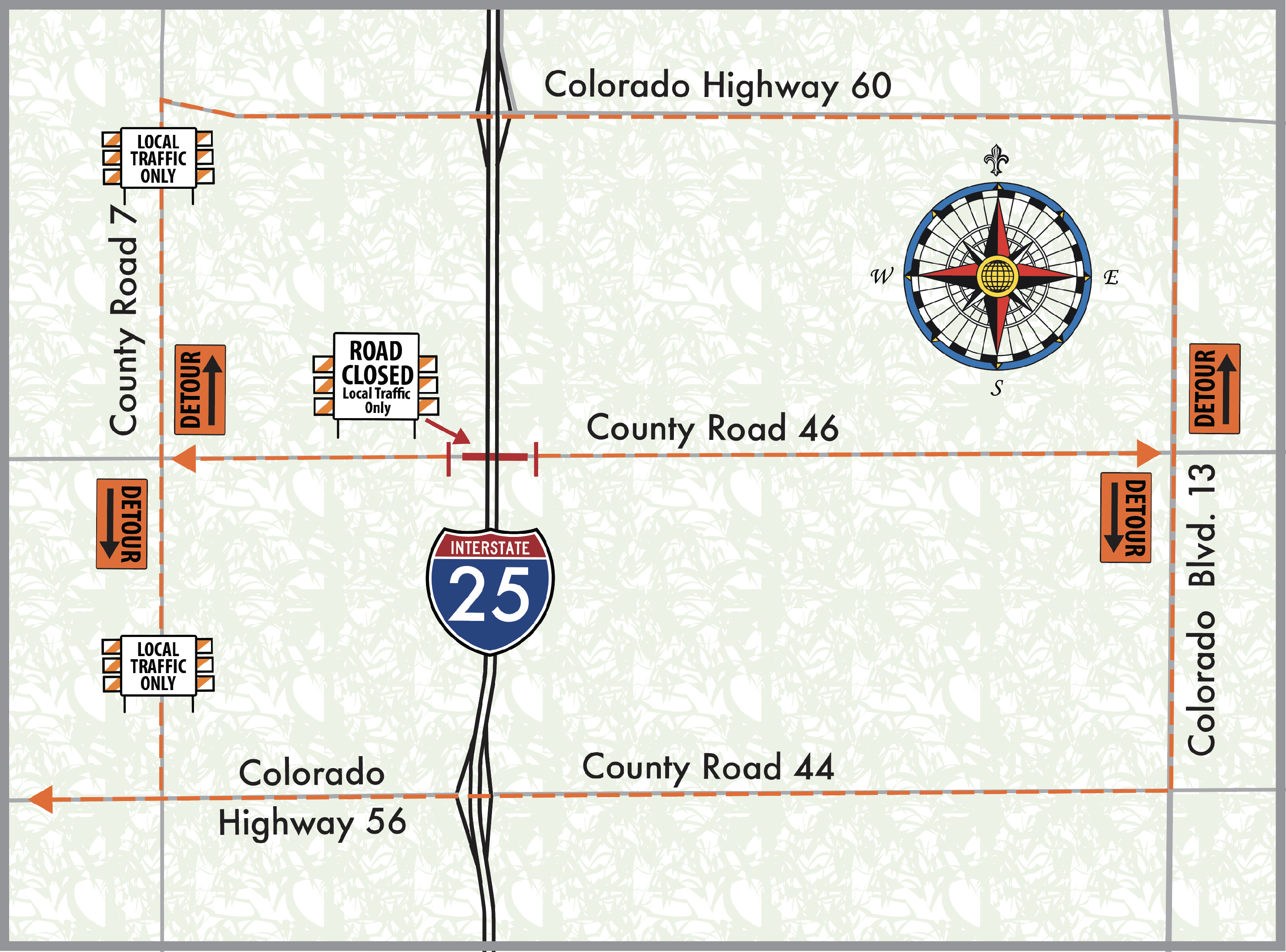 I-25 closure map in Berthoud between at CR 46 detail image